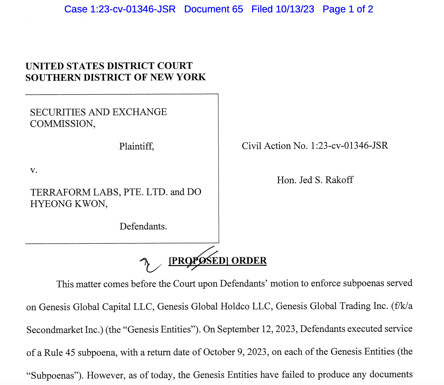 Federal judge gives Genesis 5 days to comply with Terraform Labs subpoena