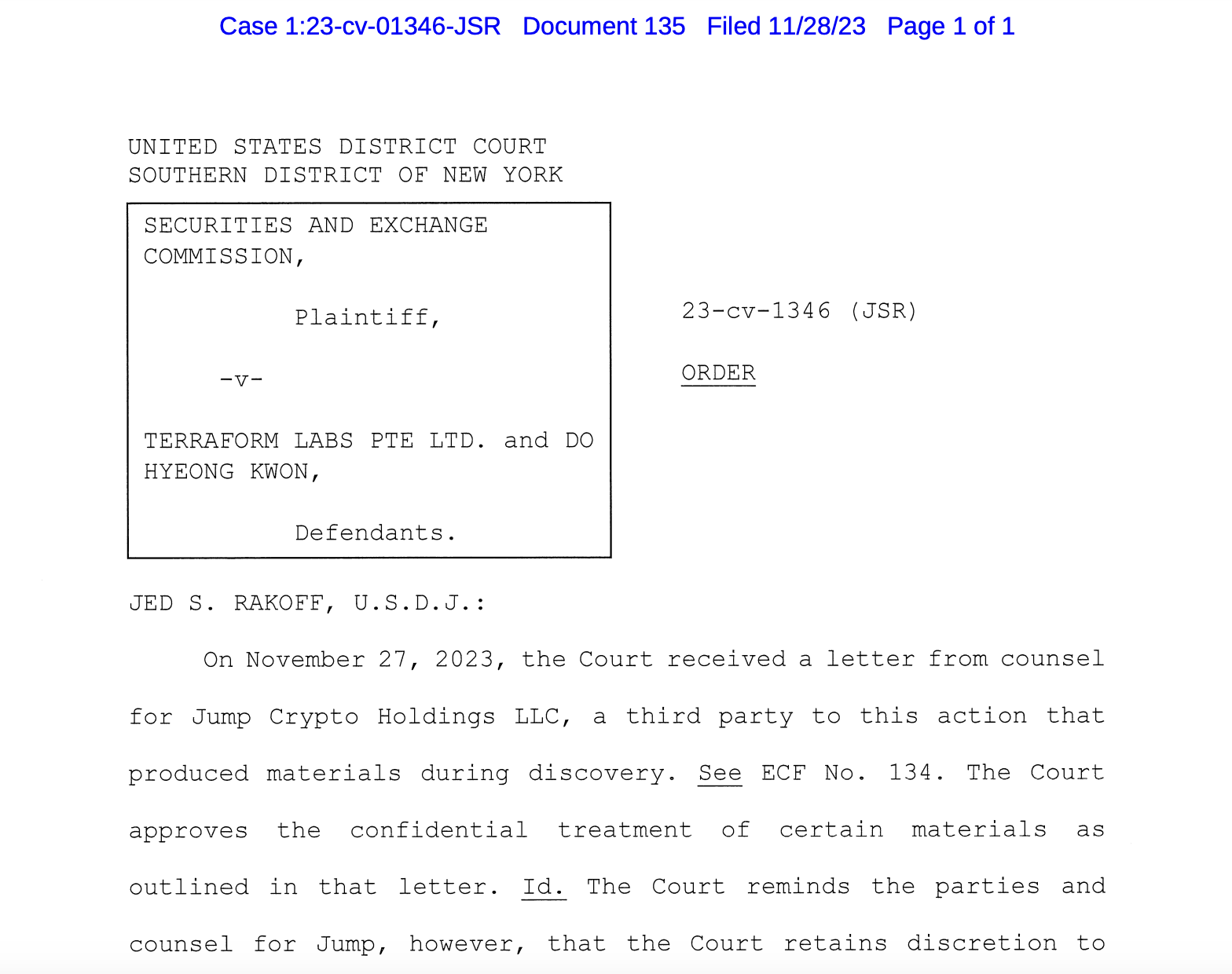 Jump Crypto filed docs confidentially in SEC v. Terraform Labs case