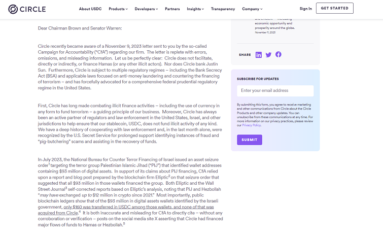 Circle denies claims of illicit financing and ties to Justin Sun