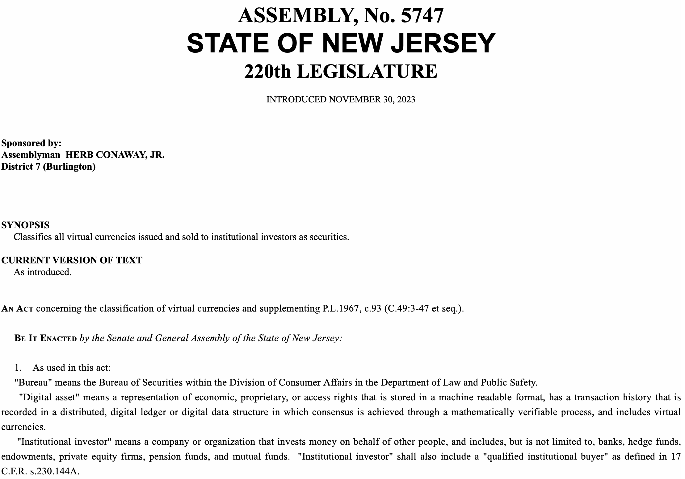 New Jersey bill would make crypto sold to institutional investors a security