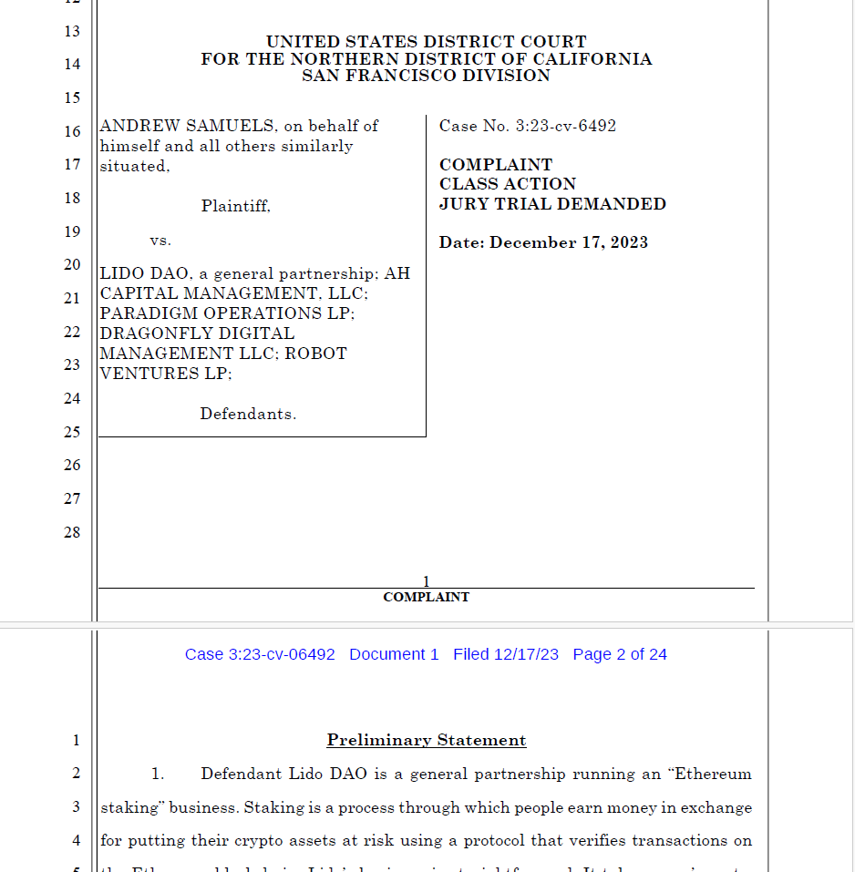 Former LDO holder files class-action lawsuit against Lido DAO for crypto losses