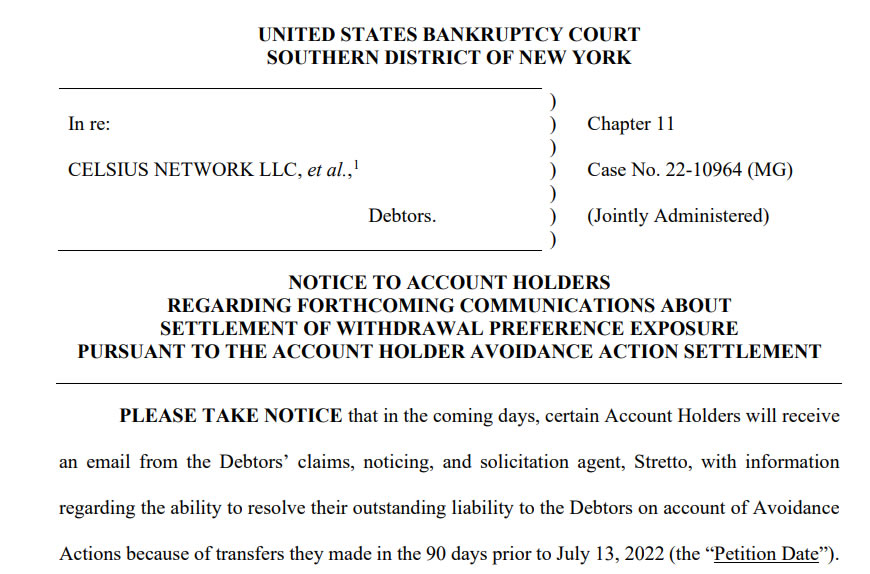 Celsius files intent to claw back certain pre-bankruptcy withdrawals