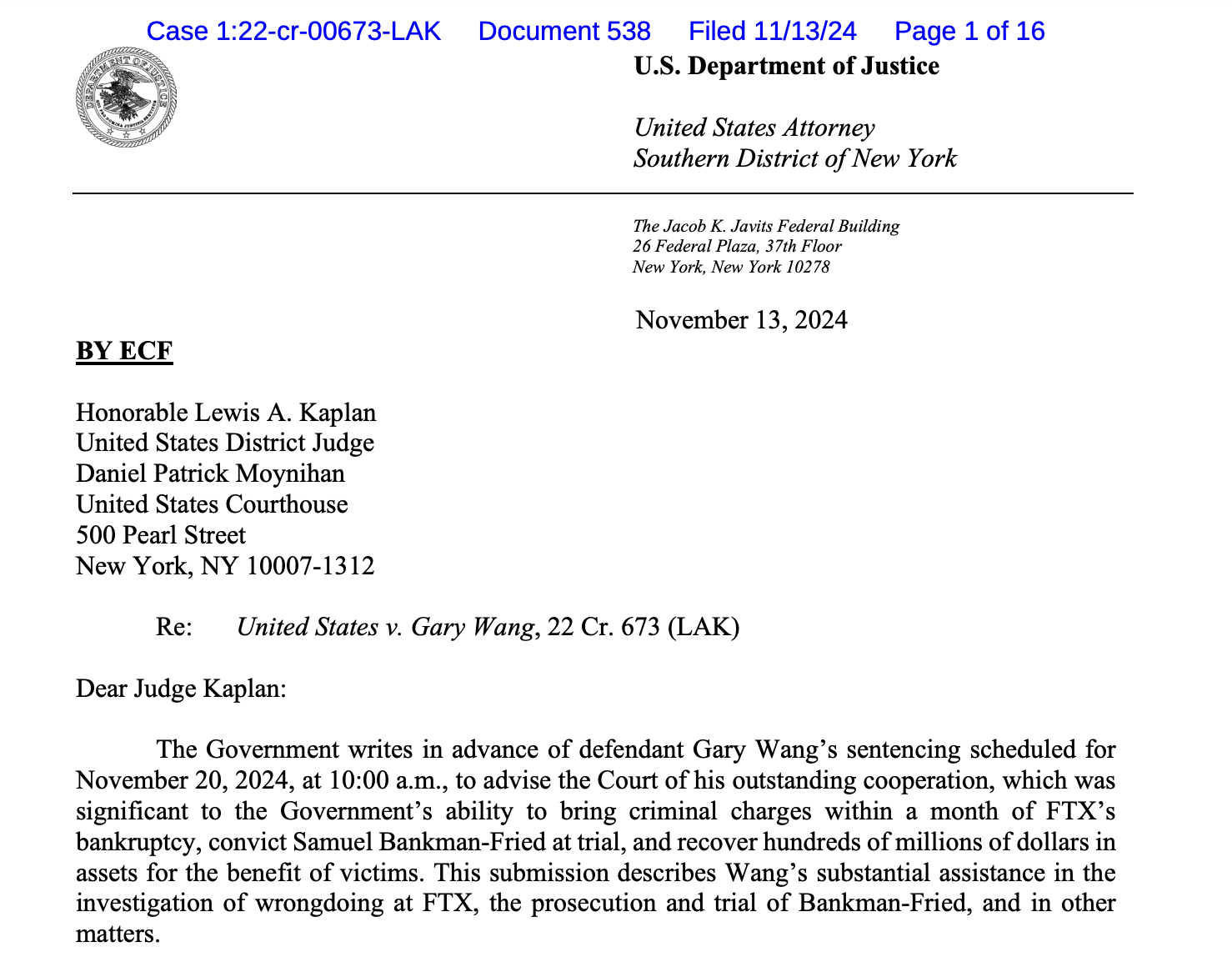 US gov’t points to Gary Wang’s ’outstanding cooperation’ in FTX case