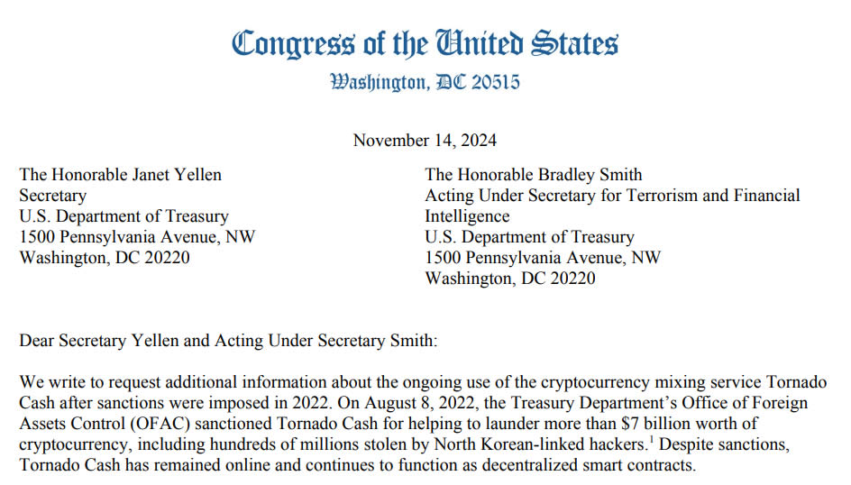 US lawmakers demand Treasury explain what it’s doing about Tornado Cash