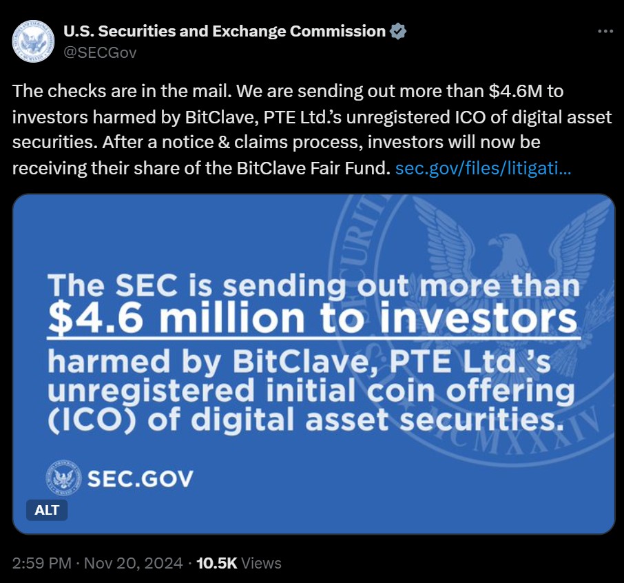 SEC sends reparations to BitClave ICO investors