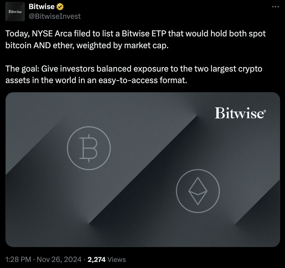 Bitwise files S-1 registration for ETF tied to Bitcoin and Ether