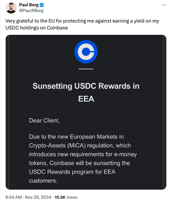 Europe’s Coinbase users frustrated as MiCA forces sunset of USDC yield