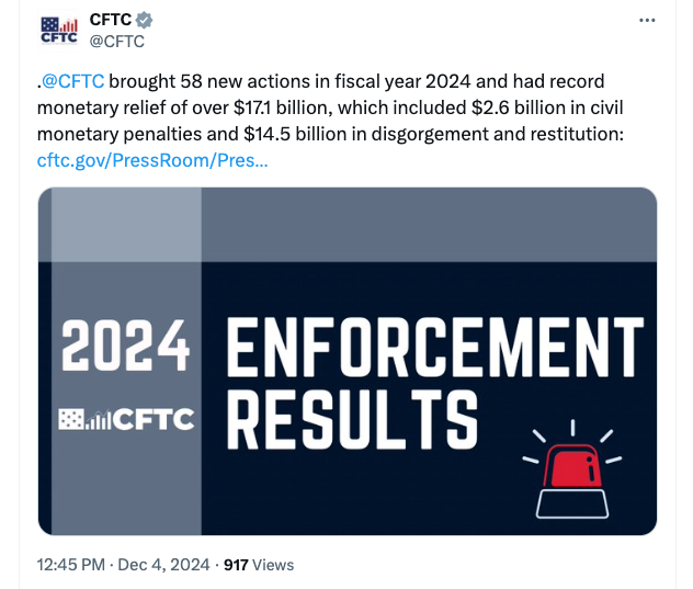 CFTC bags record $17B in 2024 thanks to massive crypto enforcement