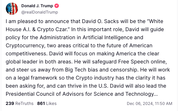 Trump names ex-PayPal COO David Sacks as ‘AI and crypto czar’