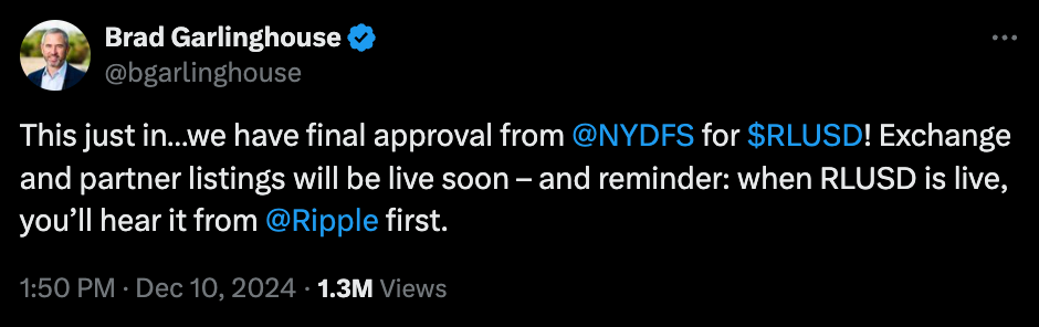 NY regulator approves Ripple’s RLUSD stablecoin — Brad Garlinghouse