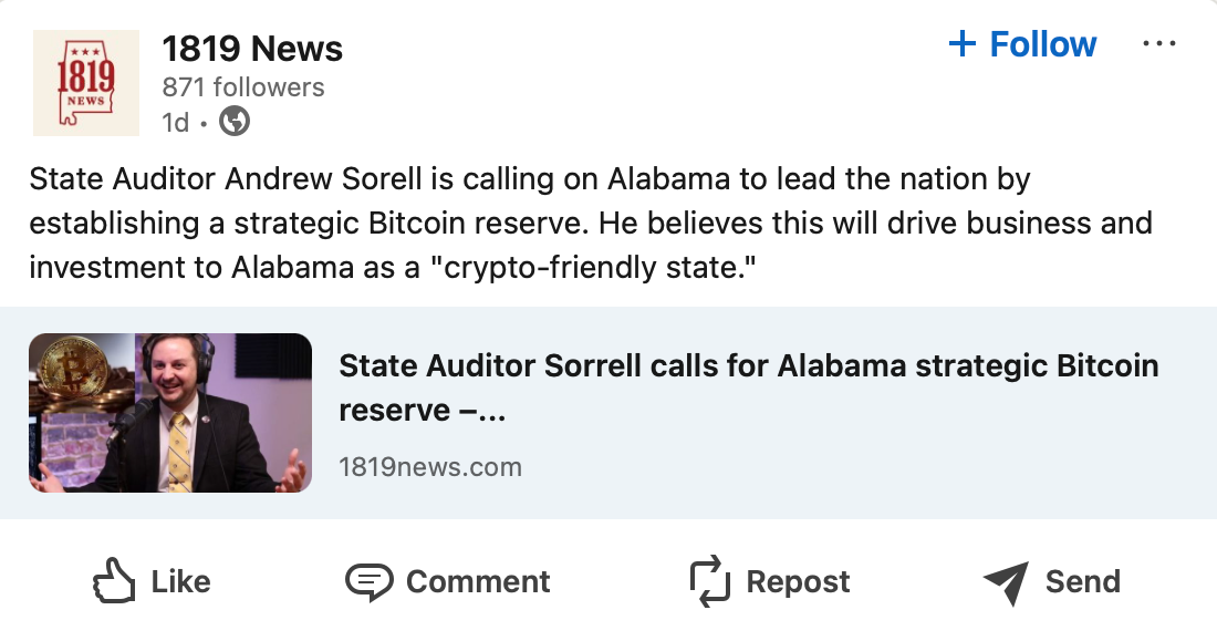 Alabama should establish Bitcoin reserve, says state auditor