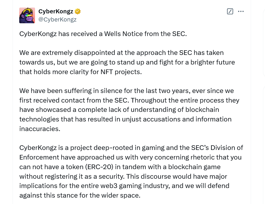 ‘Major implications’ for gaming tokens as CyberKongz hit with SEC Wells notice