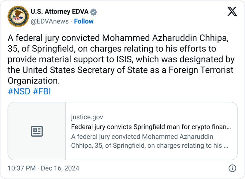 Virginia man convicted of funding ISIS using cryptocurrency