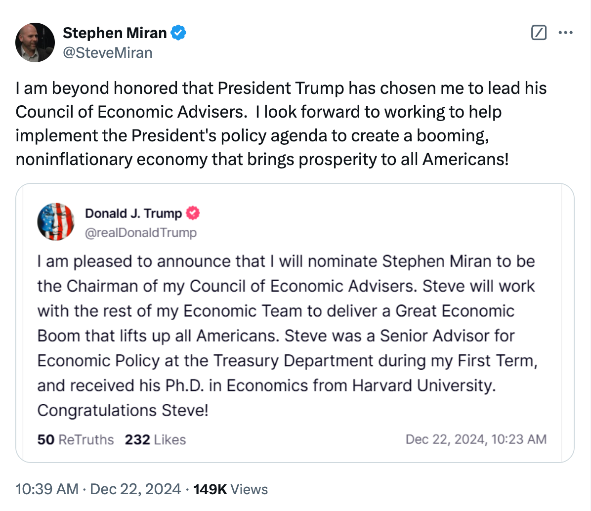 Trump nominates Stephen Miran as Council of Economic Advisors chairman