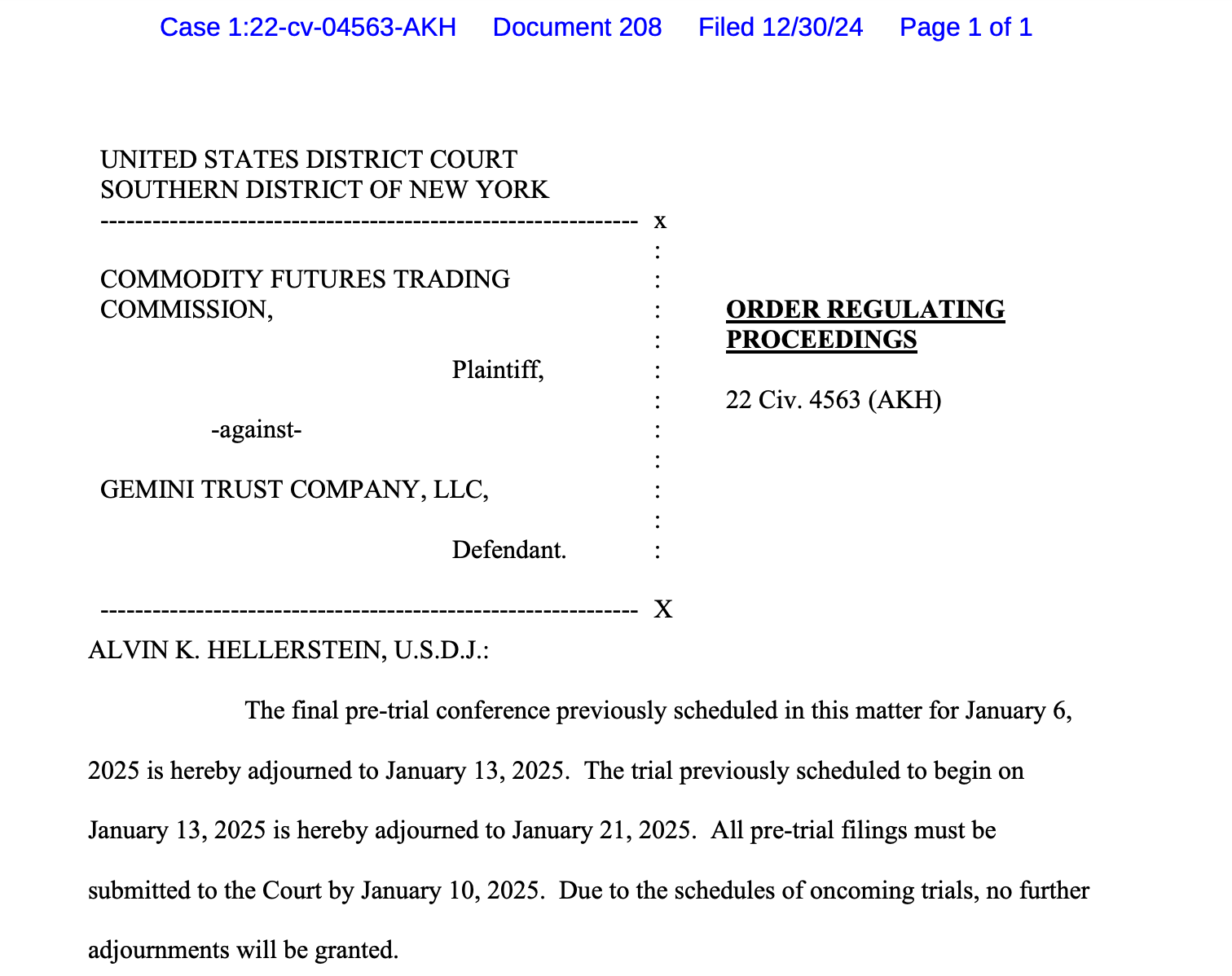 Judge pushes CFTC trial with Gemini to Jan. 21