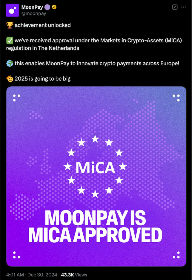 Crypto payments firm MoonPay secures MiCA approval in the Netherlands