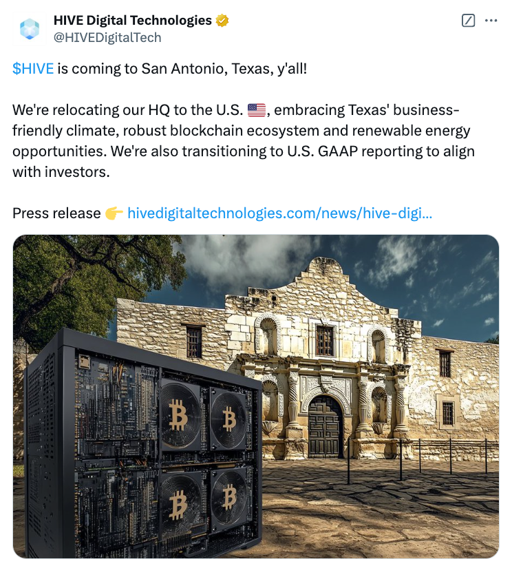 Hive Digital moves HQ to Texas, citing supportive climate under Trump