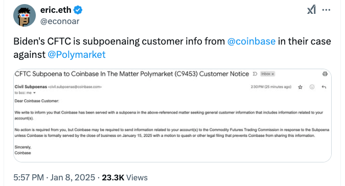 Coinbase reportedly informs users of CFTC subpoena involving Polymarket