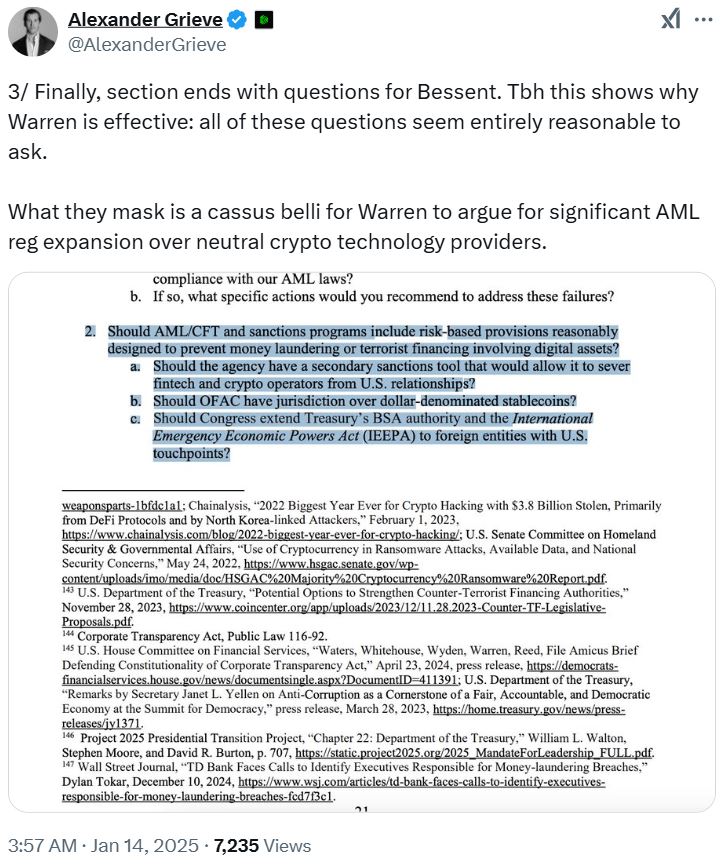 Senator Warren urges Trump’s Treasury pick to consider stricter crypto regs