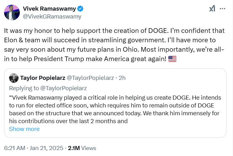 Ramaswamy exits DOGE for Ohio governor bid, leaving Musk as sole head