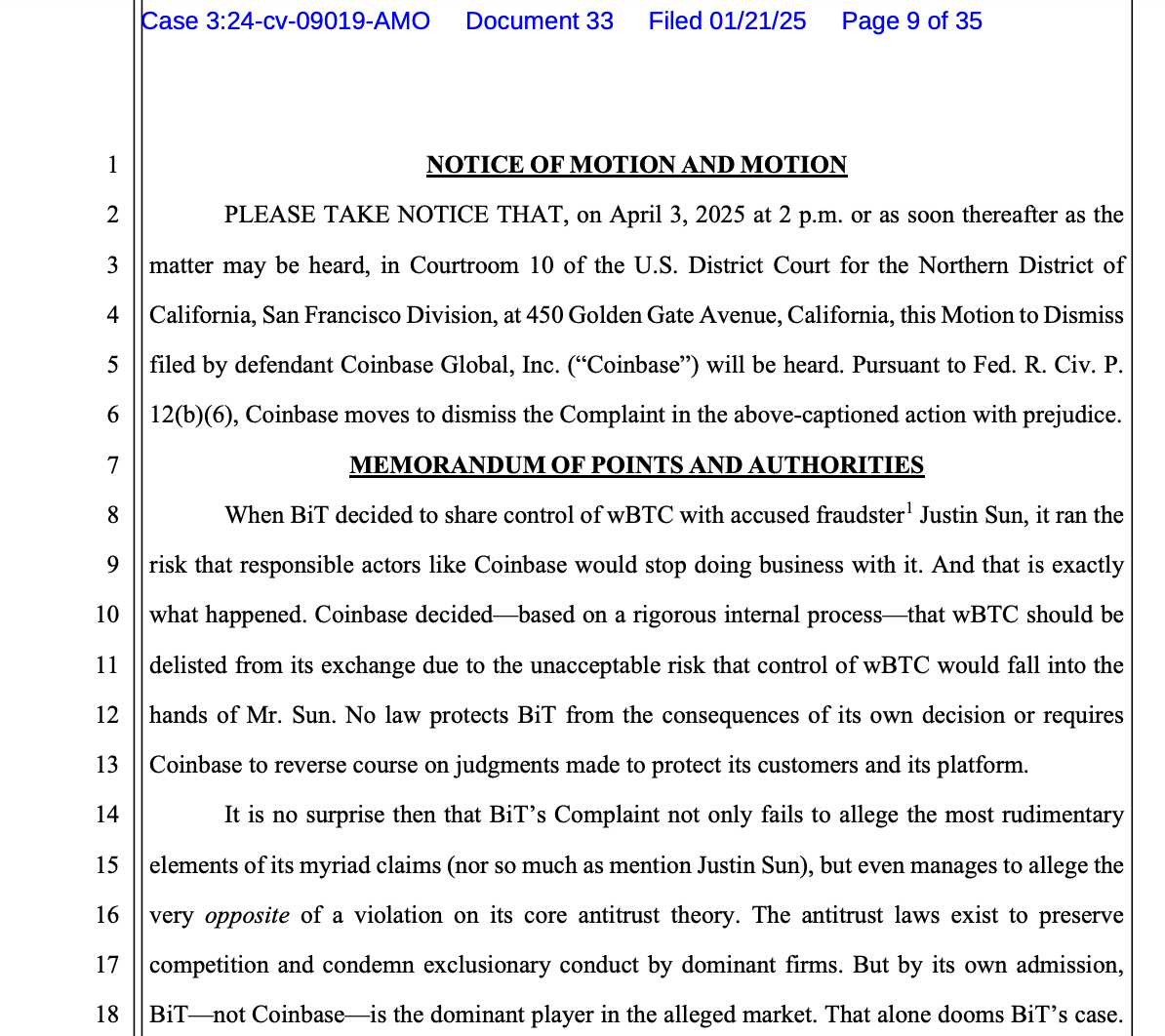 Coinbase files to dismiss BiT Global lawsuit over wBTC