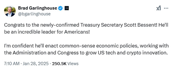 Senate confirms pro-crypto Scott Bessent as US Treasury Secretary