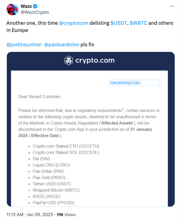 Crypto.com to delist Tether USDT, 9 other tokens in Europe on Jan. 31