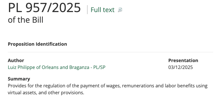 Brazilian lawmaker introduces bill to regulate Bitcoin salaries